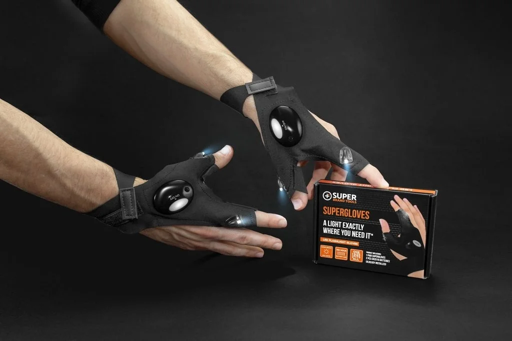SuperGloves product showcase with LED gloves and packaging
