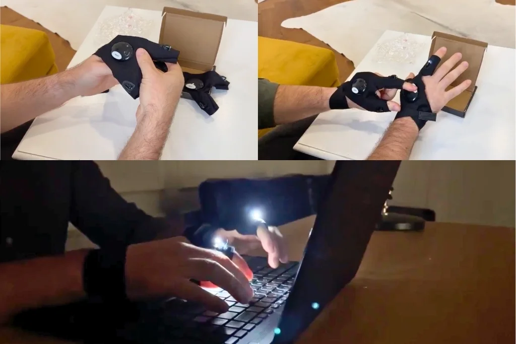SuperGloves setup process - unboxing, putting on, and using LEDs