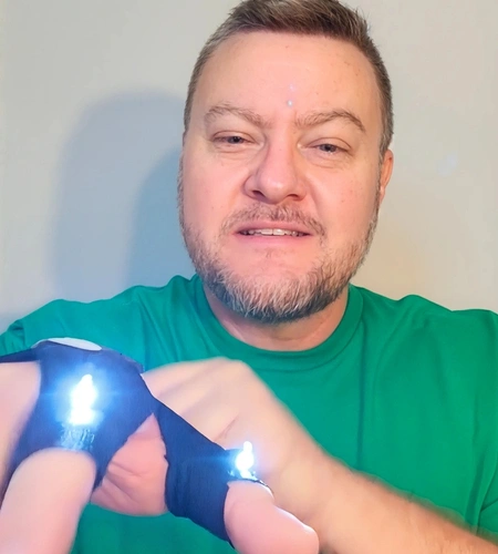 Customer demonstrating SuperGloves LED lights