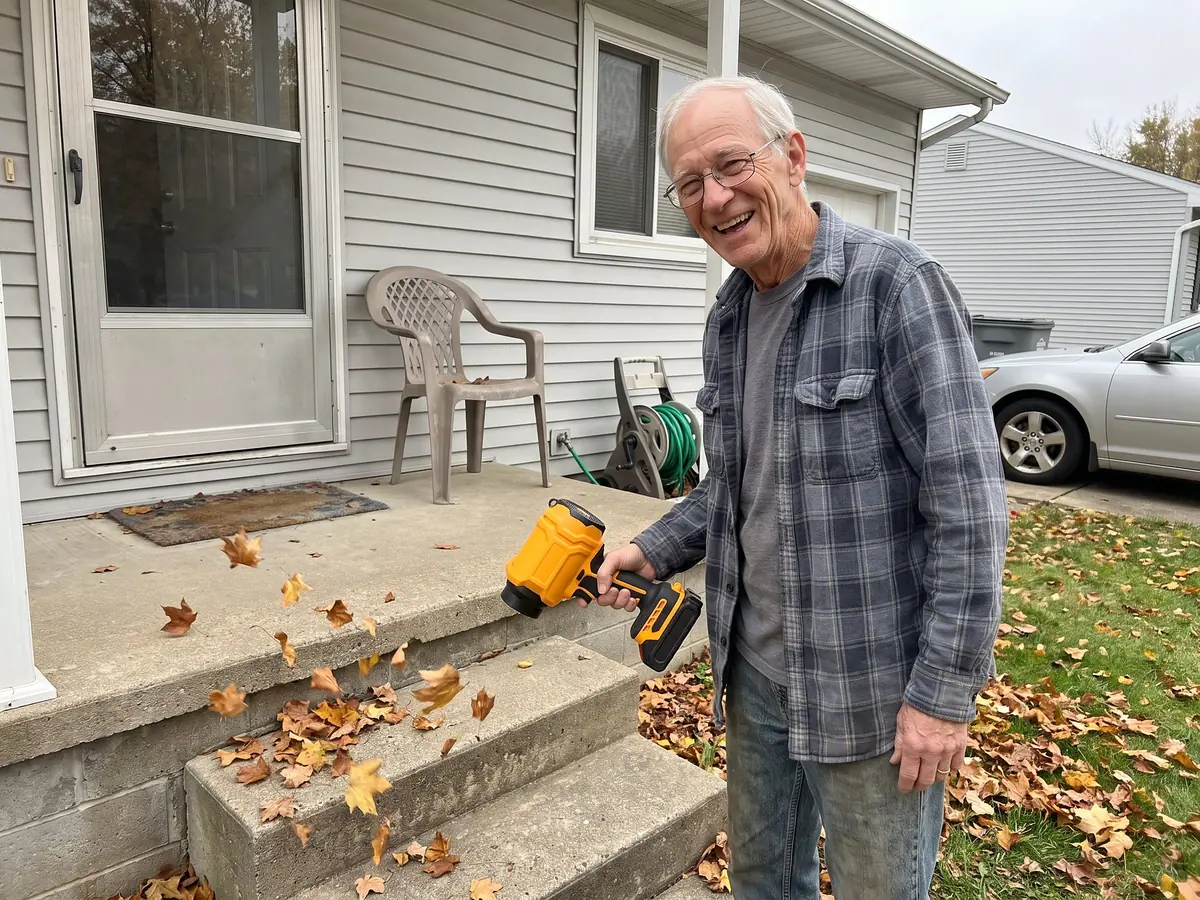 A smiling 72-year-old man blowing dry leaves off his concrete porch steps with the SuperLeafBlower, glancing back at the camera