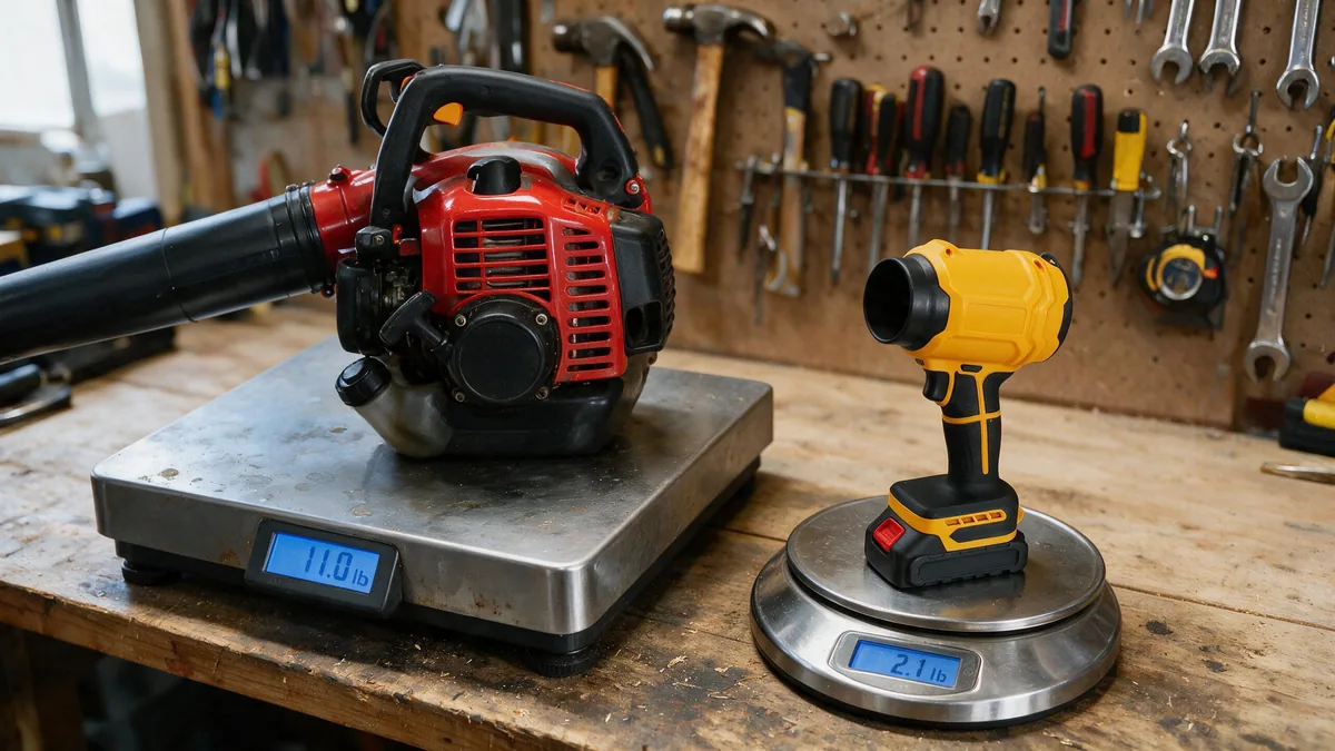 On a garage workbench, a red-and-black gas leaf blower with a long black tube sits on a steel shipping scale reading 11.0 lb, next to the small SuperLeafBlower on a round kitchen scale reading 2.1 lb