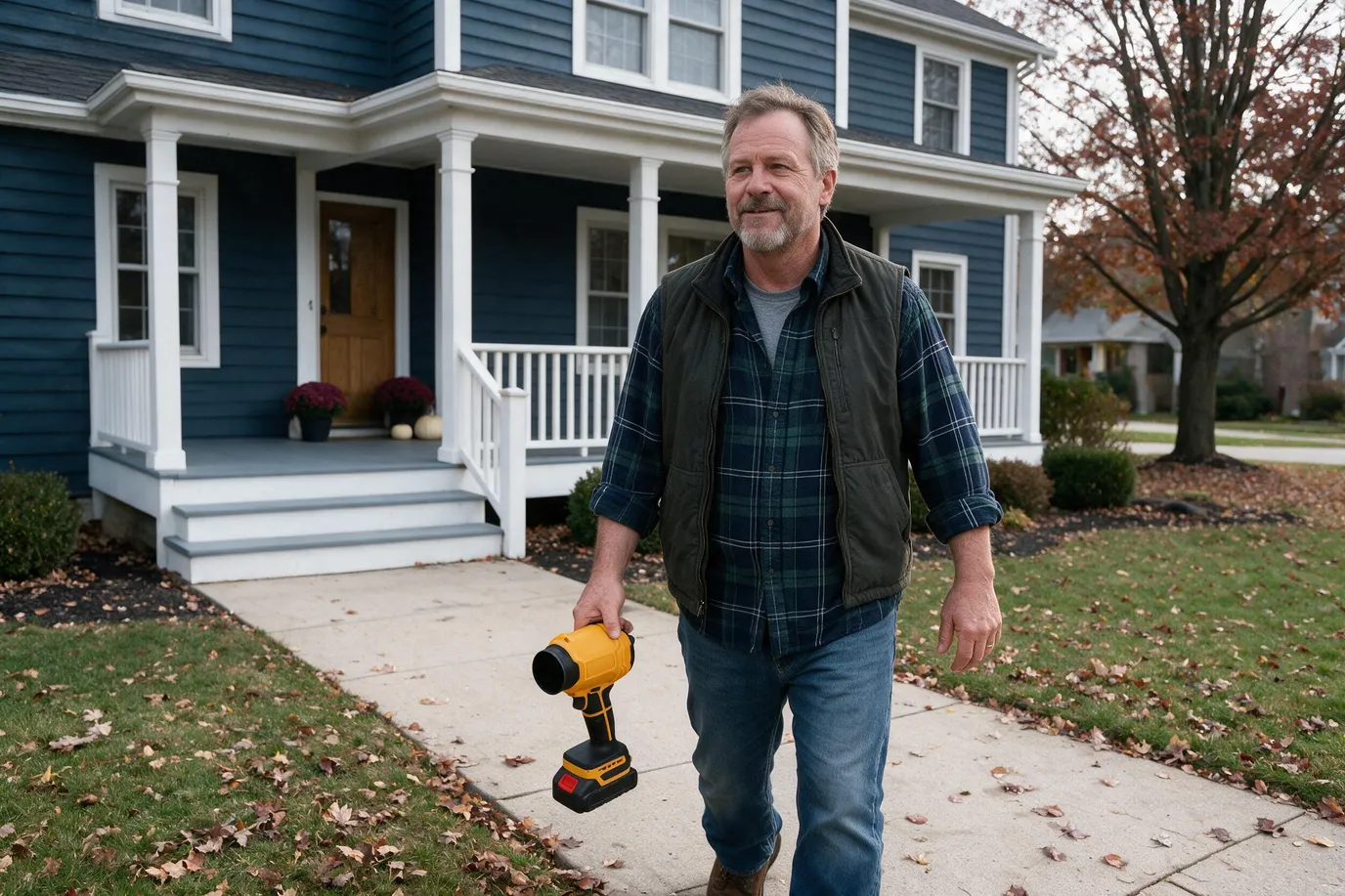 Homeowner carrying the SuperLeafBlower along his front walk