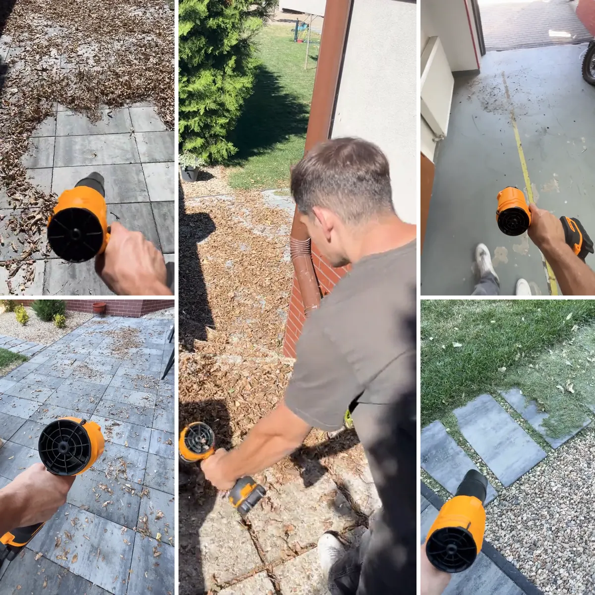 Collage of the SuperLeafBlower clearing a driveway, a patio, front steps, a garage floor and a walkway