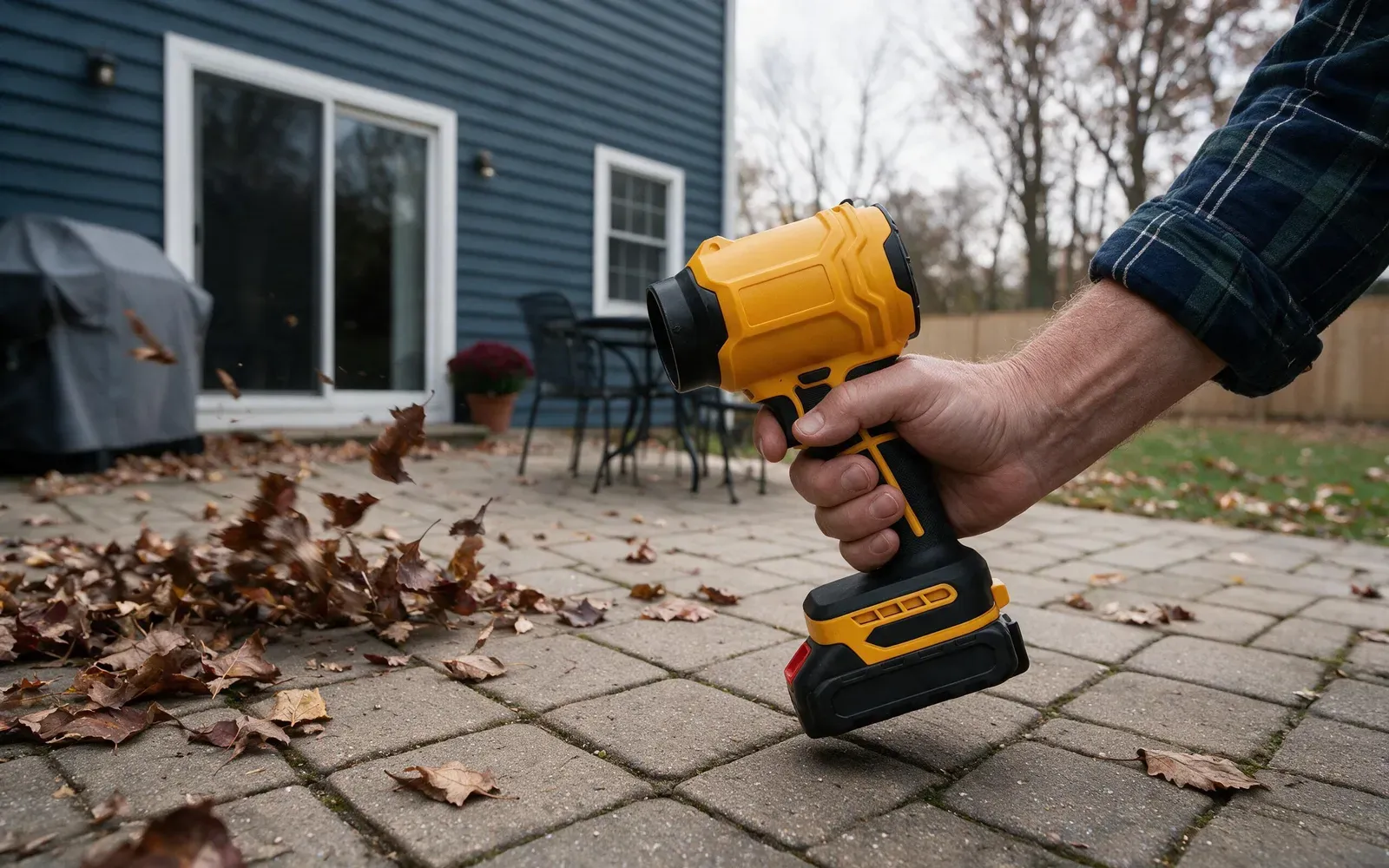 Hand holding the SuperLeafBlower over patio pavers, leaves blowing away
