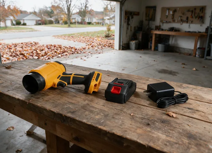 The SuperLeafBlower, its 21V battery and the fast charger laid out on a wooden workbench in a garage