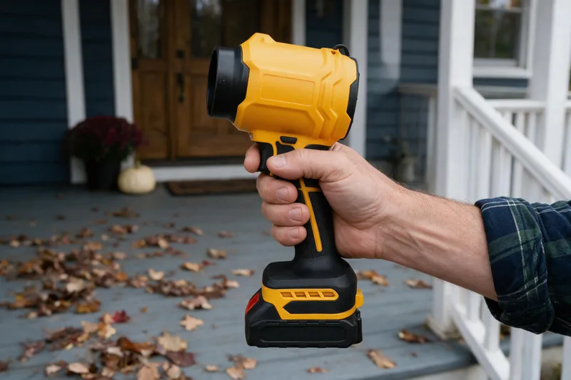 A hand holding the SuperLeafBlower on a front porch scattered with dry leaves