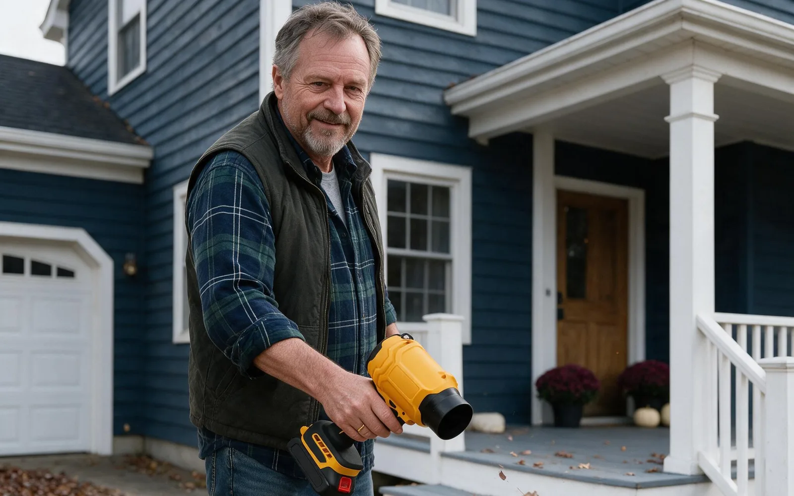 Homeowner holding the SuperLeafBlower by his porch steps covered in dry leaves