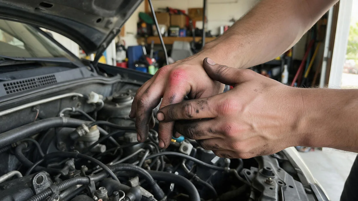 A man rubs the sore, reddened knuckles of his greasy hand over an open engine bay in a home garage