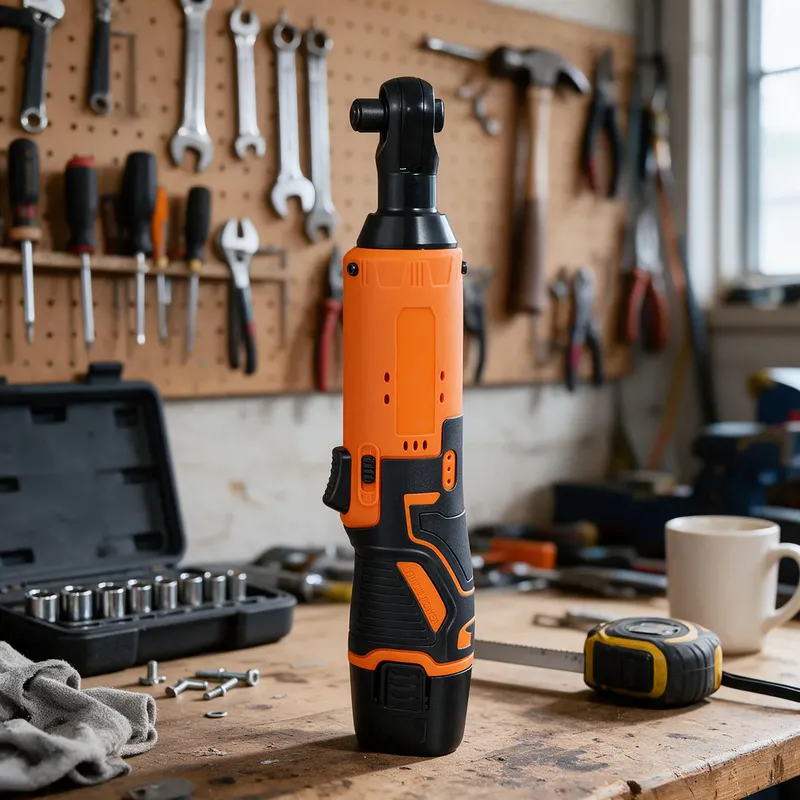 The SuperRatchet standing upright on a wooden garage workbench beside an open socket set, a tape measure, a rag and a coffee mug