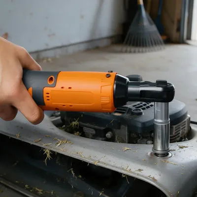 The SuperRatchet on a long extension on a bolt of a push lawn mower's deck in a home garage