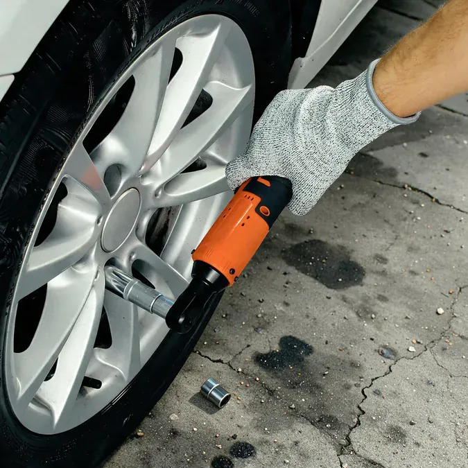 A gloved hand runs the SuperRatchet on an extension over a lug nut of a car wheel on a driveway
