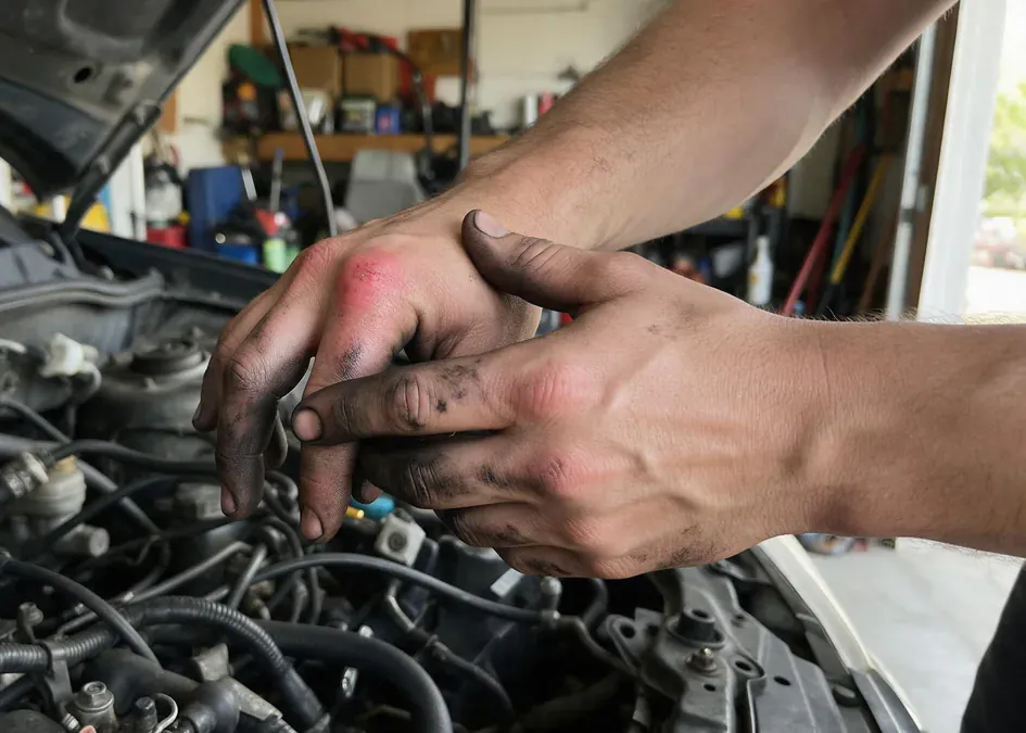 A man rubs the scraped, reddened knuckles of his greasy hand over an open engine bay