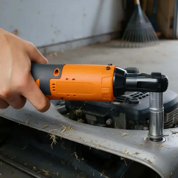 A hand runs the SuperRatchet on a long extension onto a bolt of a push lawn mower in a home garage
