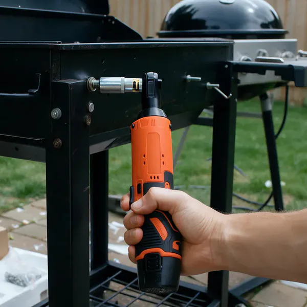 A hand uses the SuperRatchet with a socket on a bolt of a barbecue cart being put together on a patio