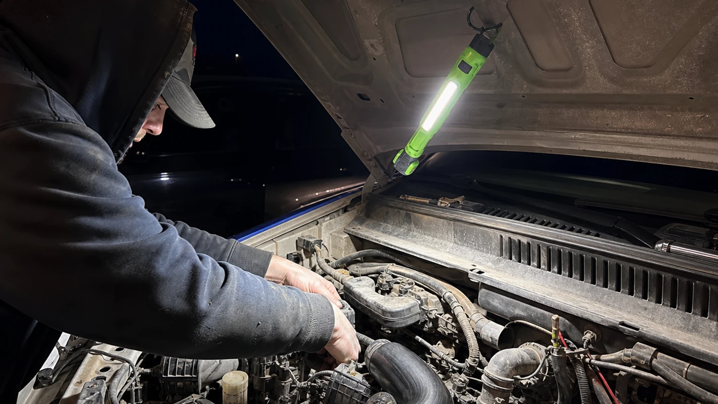 SuperTorch hanging inside the open hood, lighting the engine bay at night